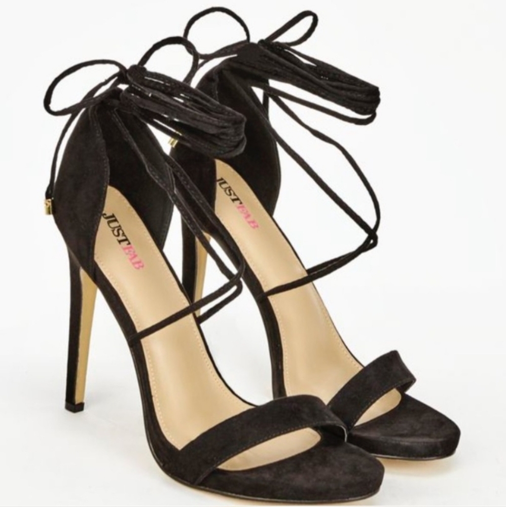 JustFab Eleri Black Stiletto Heels Sandals Lace Up‎